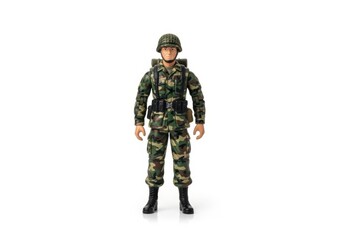 Small plastic soldier figure stands ready for duty wearing camouflage uniform and helmet