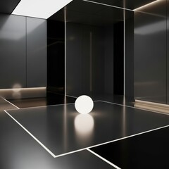 Minimalist Black Modern Elevator Interior with Illuminated Lines and Glowing Sphere
