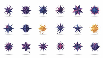 A collection of vibrant and multifaceted star icons with dynamic geometric designs isolated on white