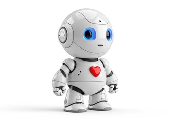 Fototapeta premium Small white humanoid automaton with glowing blue eyes stands against a plain backdrop