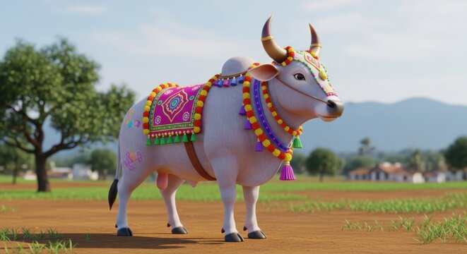 Cartoon white bull adorned with colorful garlands and blanket in a rural setting.