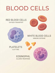 Educational blood cells infographic showing red cells, white cells, platelets and eosinophils, colorful medical biology illustration