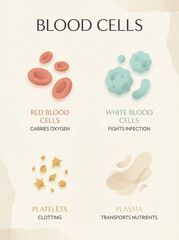 Minimal blood cells chart with red cells, white cells, platelets and plasma, soft pastel medical education graphic