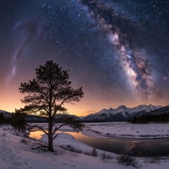 Snowy Mountain Landscape Under Starry Night Sky with Milky Way