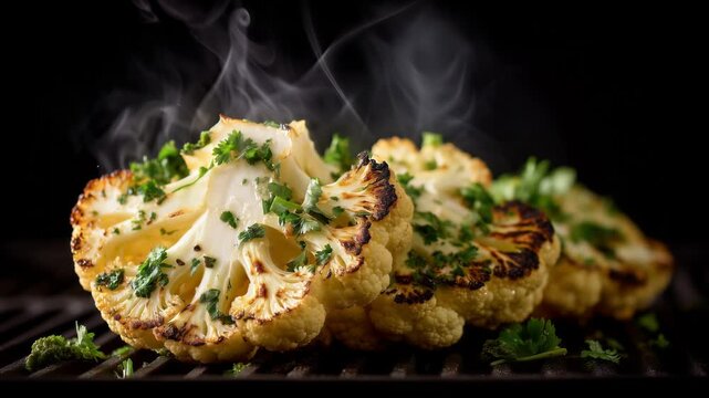 Grilled cauliflower steaks with herbs and steam on hot grill