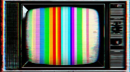 Retro television displays colorful test pattern with static noise.