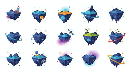 A vibrant collection of isometric floating space islands featuring futuristic elements and