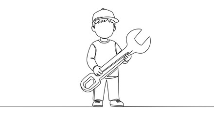 Line drawing of a cartoon mechanic holding a large adjustable wrench while wearing a cap, isolated on a transparent background