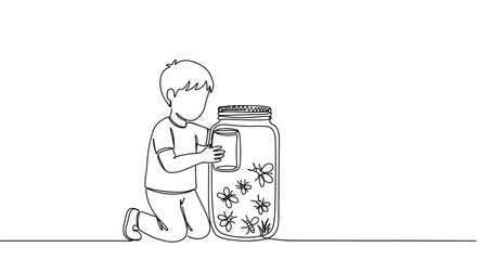 Line drawing of a person recycling trash into a large container while kneeling in an environmentally conscious setting with a focus on sustainability and waste management on a transparent background