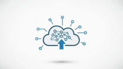 Animated illustration of cloud computing network with data upload arrow. Expanding connections symbolize global technology, digital information flow, and interconnectedness on a clean white background - Powered by Adobe