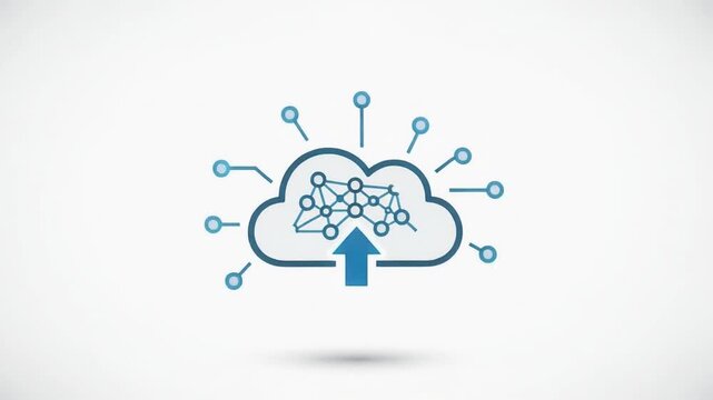 Animated illustration of cloud computing network with data upload arrow. Expanding connections symbolize global technology, digital information flow, and interconnectedness on a clean white background