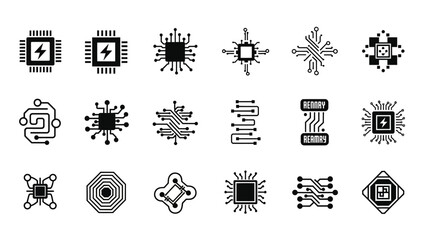 Collection of diverse microchip and circuit board icons representing digital technology and data