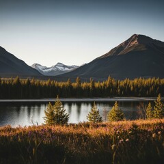 Serene Mountain Landscape with Reflective Lake and Blooming Wildflowers in Natural Setting