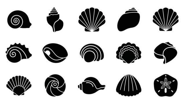 Collection of diverse black silhouette seashell and sea life icons against a clean white