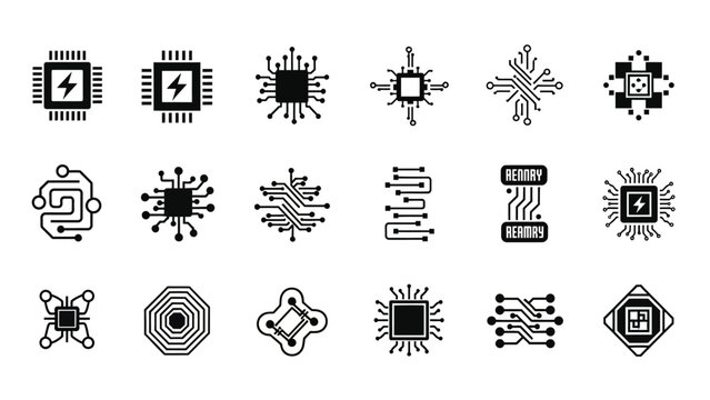 Collection of diverse microchip and circuit board icons representing digital technology and data