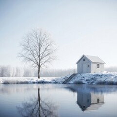 Snowy Landscape with Leafless Tree and Small Wooden House Near Calm Water