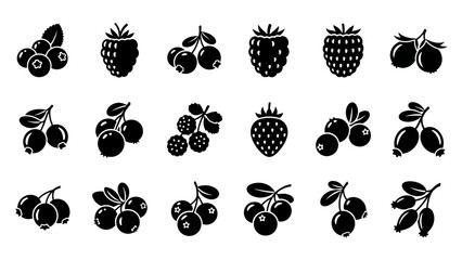 Diverse collection of black silhouette berry icons featuring natural fruits like blueberries