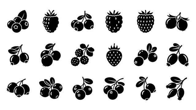 Diverse collection of black silhouette berry icons featuring natural fruits like blueberries
