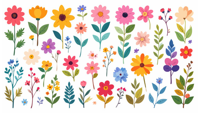 Vari&eacute;t&eacute; de fleurs stylis&eacute;es aux tons vifs et feuillages divers sur fond blanc. G&eacute;n&eacute;r&eacute; par IA.
