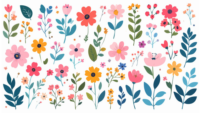 Collection florale vive avec feuillages bleus et p&eacute;tales multicolores sur fond blanc. G&eacute;n&eacute;r&eacute; par IA.
