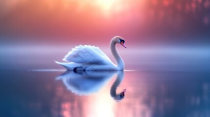 Obraz premium Swan reflecting in tranquil sunrise water