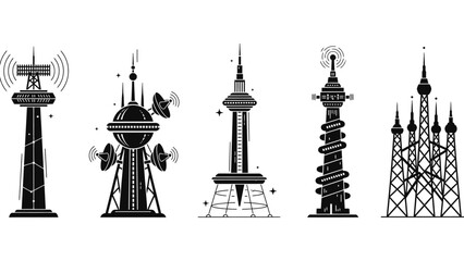 Iconic communication tower collection representing global signal broadcasting technology
