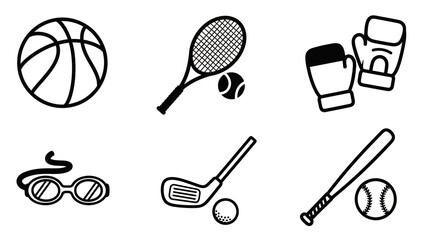Outline vector icons illustrating a variety of sports equipment and athletic gear
