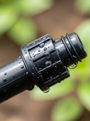Black plastic irrigation connector dripping against blurred foliage background