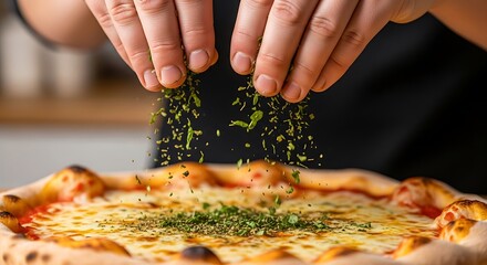Chef adding fresh herbs to a hot pizza ready to be served to customers