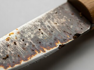 Close-up of aged knife blade revealing rust spots and sharpening marks