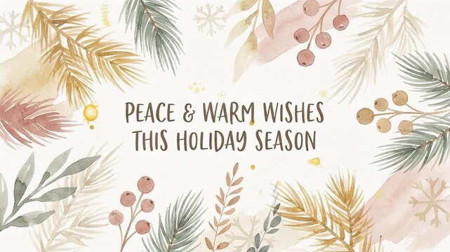 A horizontally oriented digital illustration featuring a beautiful decorative frame with a winter holiday theme. "PEACE & WARM WISHES THIS HOLIDAY SEASON."