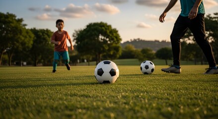 Fototapeta premium Children Playing Soccer On a Field During the Sunset with Trees