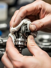 Delicate cleaning process of intricate machine component by mechanic