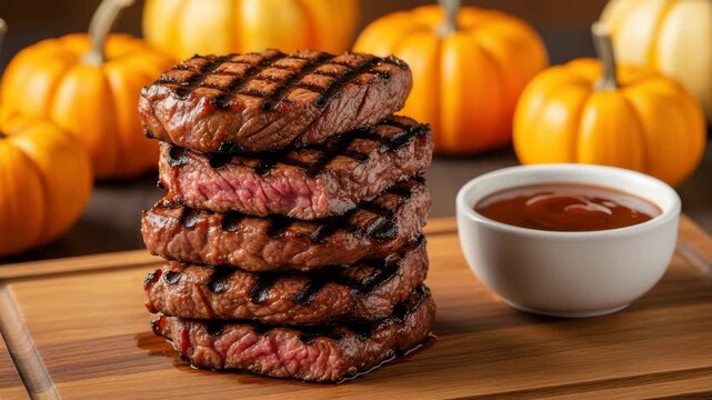 Seasonal Gourmet Dinner: Stack of Grilled Steak Fillets with Sauce Surrounded by Small Orange Pumpkins, Autumn Food Presentation