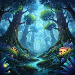 Magical Forest Scene with Glowing Fireflies and Cute Fox in Vibrant Fantasy Landscape