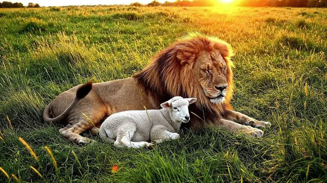 A majestic lion and lamb resting in a meadow at sunset.