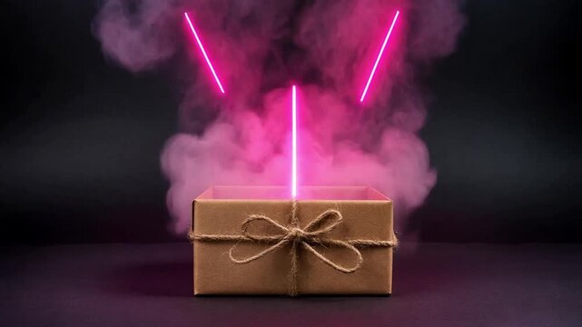 Dramatic studio shot featuring a simple brown (kraft paper) gift box tied with jute rope against a dark background.