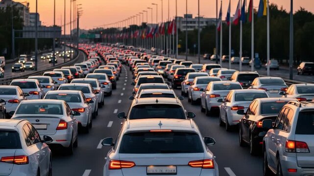 Urban Commuter Gridlock: Dense Traffic Jam of Cars Moving Slowly on a Multi-Lane City Highway at Dusk, Transportation Crisis