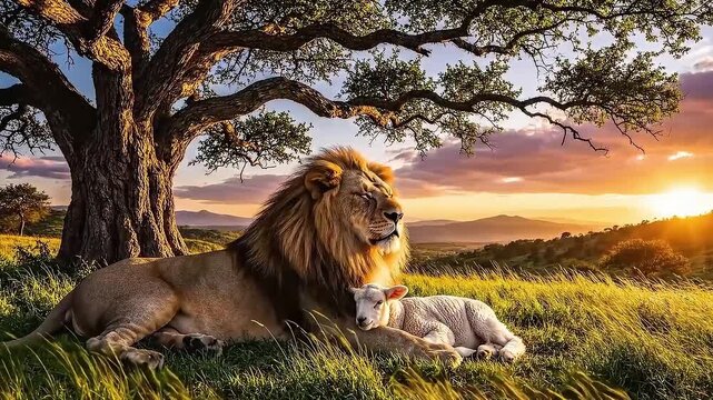 Lion and lamb Relaxing Beneath a Tree at Sunset on the Savannah.