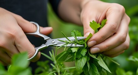 Harvesting Fresh Culinary Herbs from the Garden with Pruning Scissors