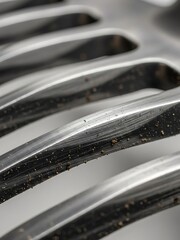 Macro Shot of Silver Salad Server Prongs Showing Small Food Residues