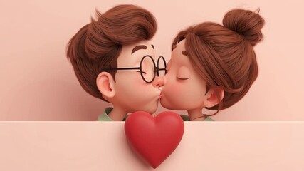 pareja de dibujos animados 3d dandose un beso en los labios sobre fondo de color rosa pastel con corazon rojo