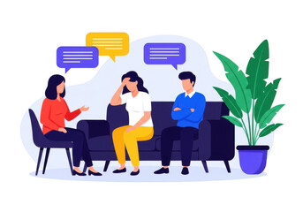 Group therapy session with people talking and a therapist isolated on transparent background