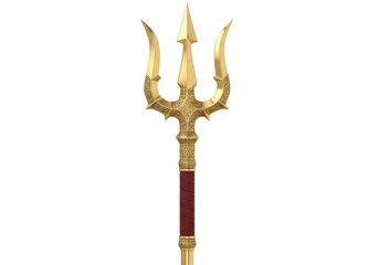 Ornate golden three-pronged spear weapon featuring intricate detailing and a wrapped handle