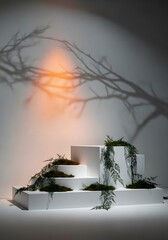 Minimalist presentation platform with nature-inspired accents and ethereal lighting showcasing shadow play