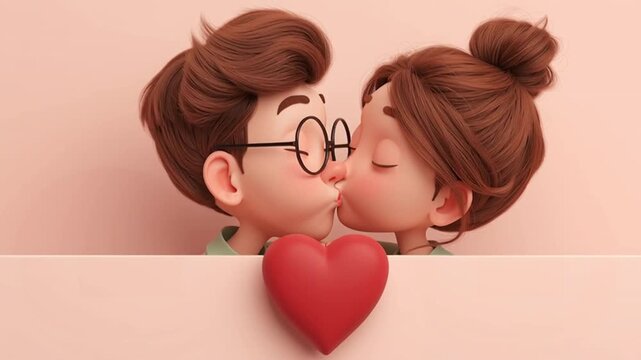 pareja de dibujos animados 3d dandose un beso en los labios sobre fondo de color rosa pastel con corazon rojo