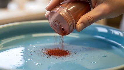 Pouring rich red pigment onto a light blue palette for artistic creation