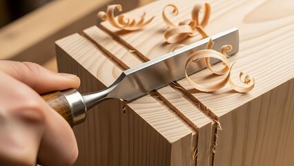 Precision woodworking with chisel creating delicate wood shavings close-up
