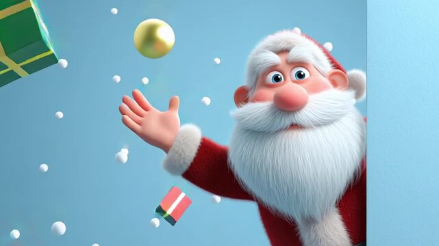 Santa Claus de dibujos animados saludando mientras caen regalos en unfondo azul claro