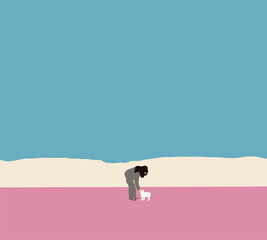 Woman play with white dog in public park spending leisure with pet best friend enjoying weekend at street.